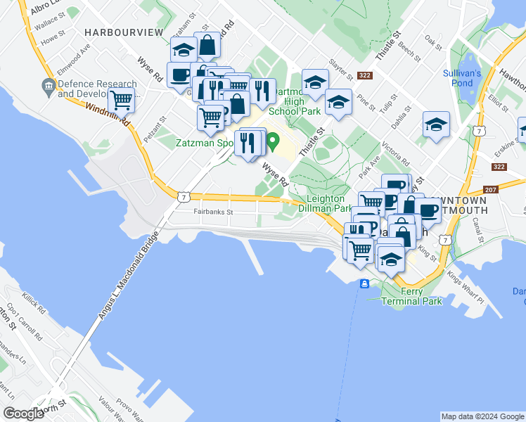 map of restaurants, bars, coffee shops, grocery stores, and more near 16 Fairbanks Street in Dartmouth