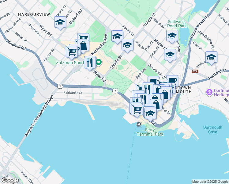 map of restaurants, bars, coffee shops, grocery stores, and more near 11 Windmill Road in Dartmouth