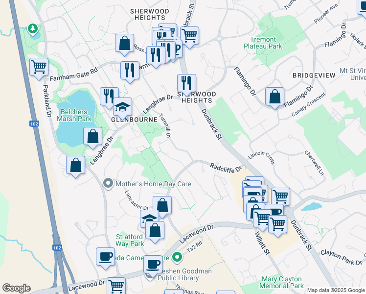 map of restaurants, bars, coffee shops, grocery stores, and more near 15 Turnmill Drive in Halifax