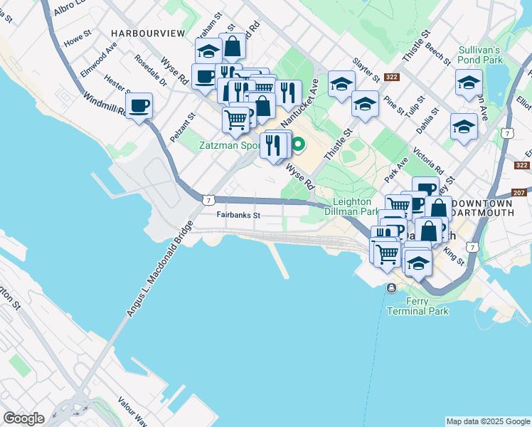 map of restaurants, bars, coffee shops, grocery stores, and more near 34 Fairbanks Street in Dartmouth