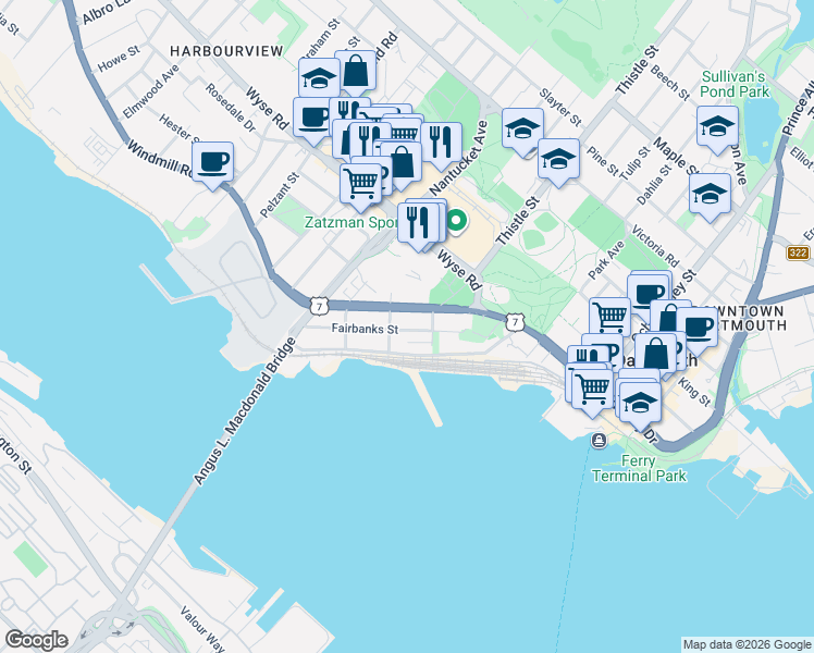 map of restaurants, bars, coffee shops, grocery stores, and more near 34 Fairbanks Street in Dartmouth