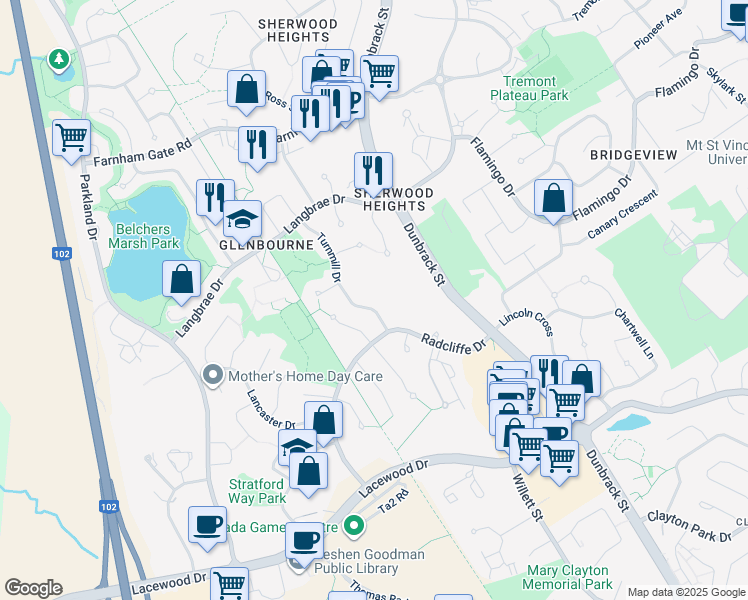 map of restaurants, bars, coffee shops, grocery stores, and more near 15 Turnmill Drive in Halifax