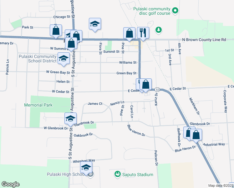 map of restaurants, bars, coffee shops, grocery stores, and more near 268 East Cedar Street in Pulaski