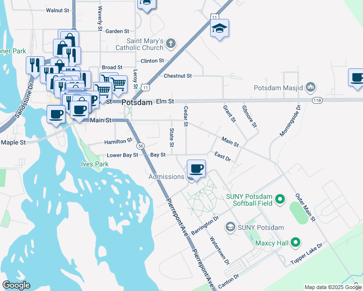map of restaurants, bars, coffee shops, grocery stores, and more near 21 Cedar St in Potsdam