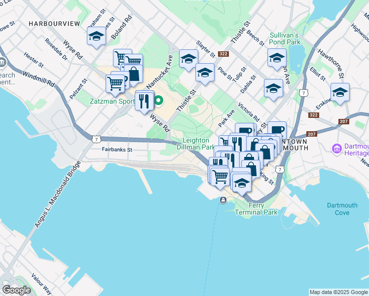 map of restaurants, bars, coffee shops, grocery stores, and more near 11 Windmill Road in Dartmouth