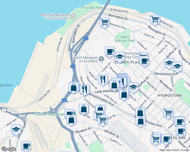 map of restaurants, bars, coffee shops, grocery stores, and more near 6105 Leeds Street in Halifax