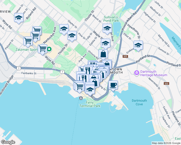 map of restaurants, bars, coffee shops, grocery stores, and more near 61 Ochterloney Street in Dartmouth