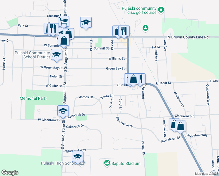 map of restaurants, bars, coffee shops, grocery stores, and more near 268 E Cedar St in Pulaski