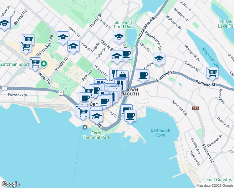 map of restaurants, bars, coffee shops, grocery stores, and more near 24 Dundas Street in Dartmouth