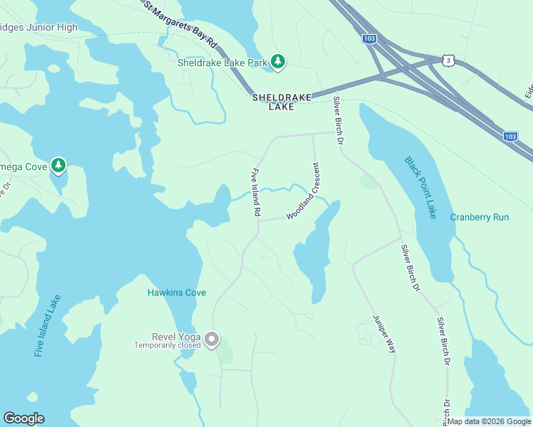map of restaurants, bars, coffee shops, grocery stores, and more near 115 Woodland Crescent in Hubley