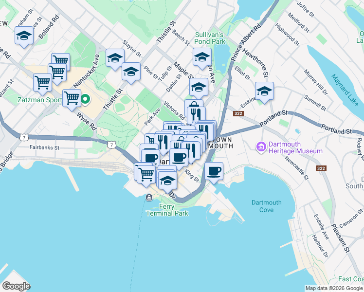 map of restaurants, bars, coffee shops, grocery stores, and more near 54 Queen Street in Dartmouth