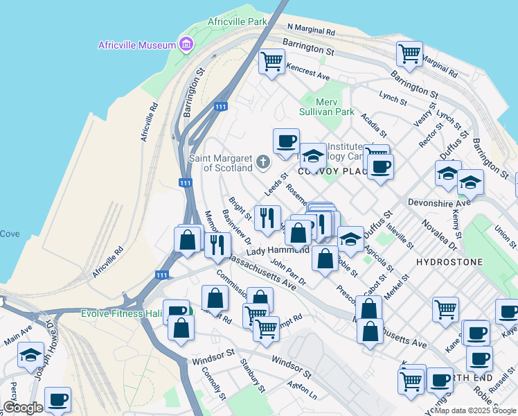 map of restaurants, bars, coffee shops, grocery stores, and more near 6078 Leeds Street in Halifax