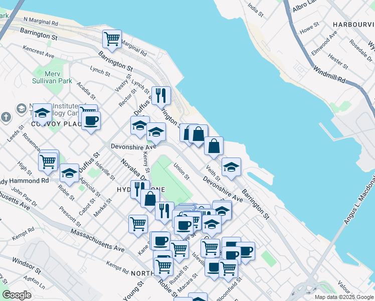 map of restaurants, bars, coffee shops, grocery stores, and more near 5268 Richmond Street in Halifax