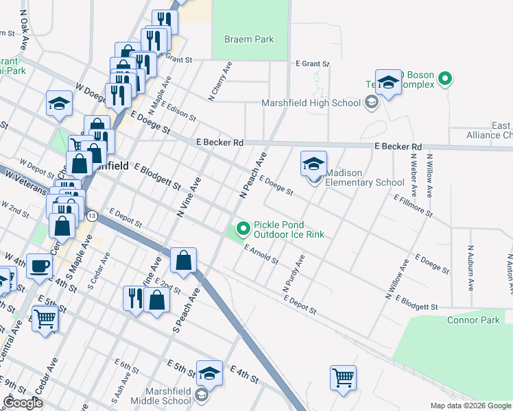 map of restaurants, bars, coffee shops, grocery stores, and more near 310 North Apple Avenue in Marshfield