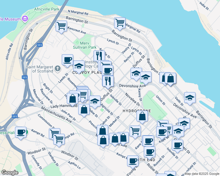 map of restaurants, bars, coffee shops, grocery stores, and more near 5535 Duffus Street in Halifax