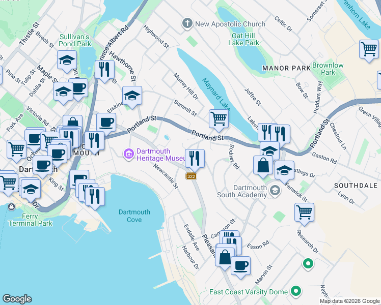 map of restaurants, bars, coffee shops, grocery stores, and more near 48 Old Ferry Road in Dartmouth