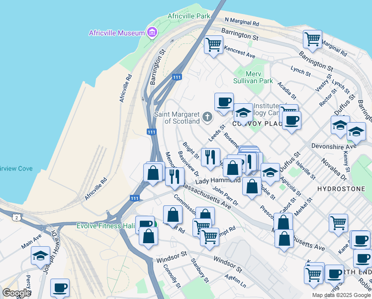 map of restaurants, bars, coffee shops, grocery stores, and more near 3742 Bright Street in Halifax