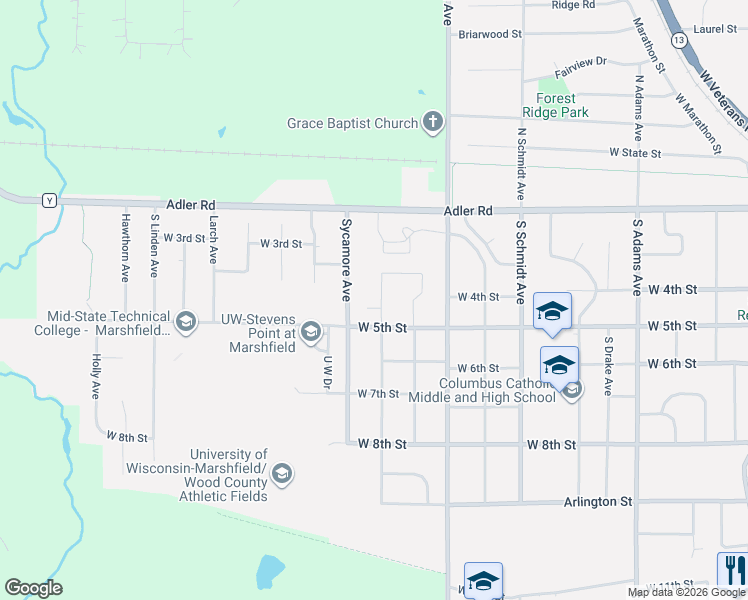 map of restaurants, bars, coffee shops, grocery stores, and more near 411 South Cypress Avenue in Marshfield