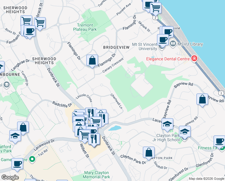 map of restaurants, bars, coffee shops, grocery stores, and more near 3 Chessvale Close in Halifax