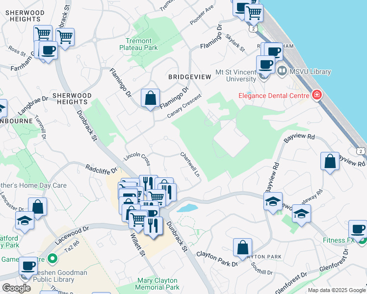 map of restaurants, bars, coffee shops, grocery stores, and more near 3 Chessvale Close in Halifax
