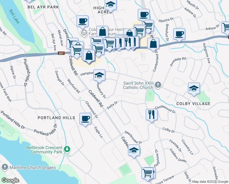 map of restaurants, bars, coffee shops, grocery stores, and more near 44 Hannebury Drive in Cole Harbour