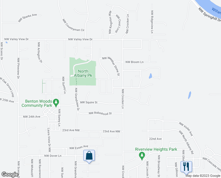 map of restaurants, bars, coffee shops, grocery stores, and more near 2650 Northwest Red Oak Street in Albany