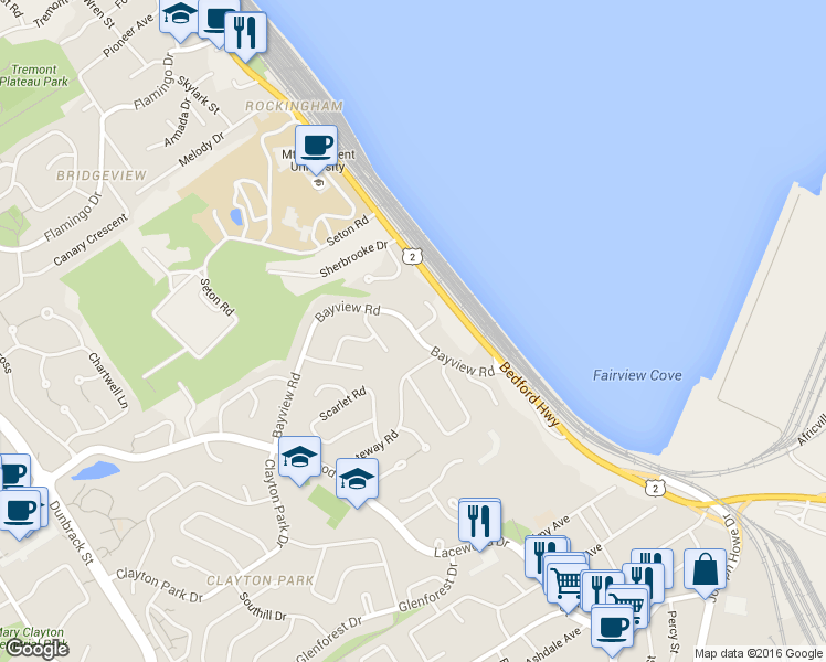 map of restaurants, bars, coffee shops, grocery stores, and more near 36 Bayview Road in Halifax