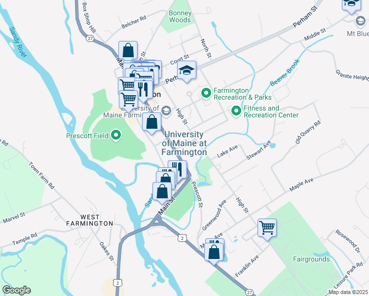map of restaurants, bars, coffee shops, grocery stores, and more near 111 South Street in Farmington