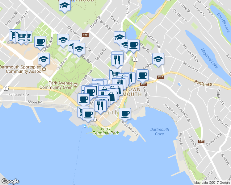 map of restaurants, bars, coffee shops, grocery stores, and more near 24 Dundas Street in Dartmouth