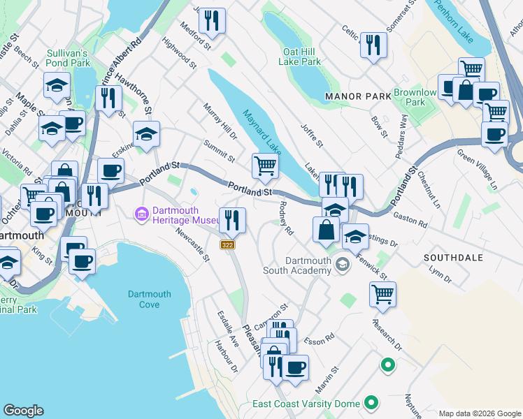 map of restaurants, bars, coffee shops, grocery stores, and more near 245 Johnstone Avenue in Dartmouth