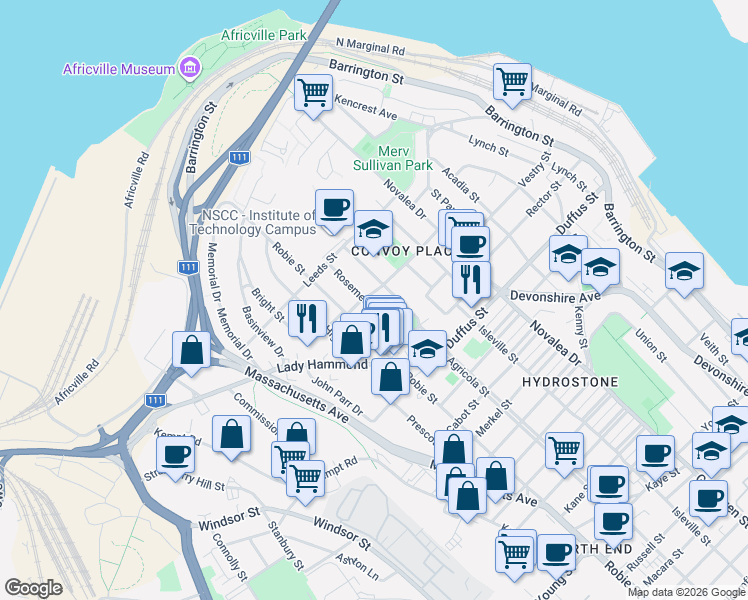 map of restaurants, bars, coffee shops, grocery stores, and more near 3624 Rosemeade Avenue in Halifax