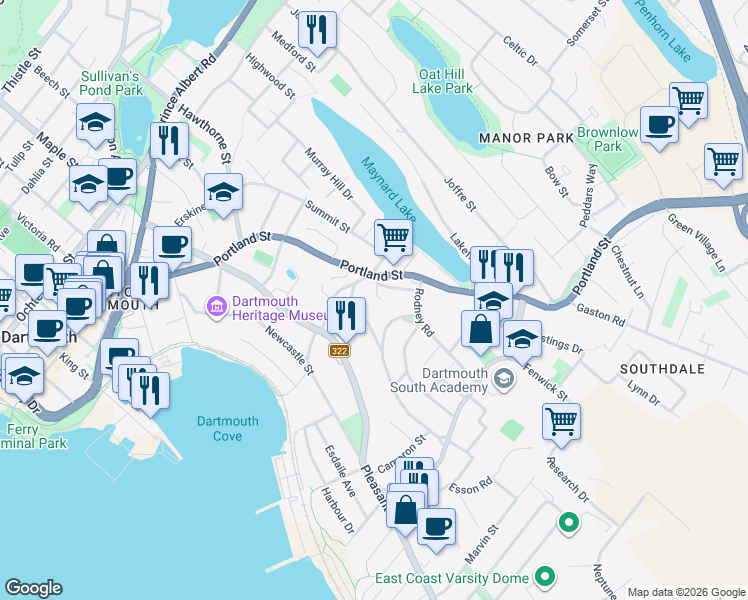 map of restaurants, bars, coffee shops, grocery stores, and more near 4A Amelia Place in Dartmouth