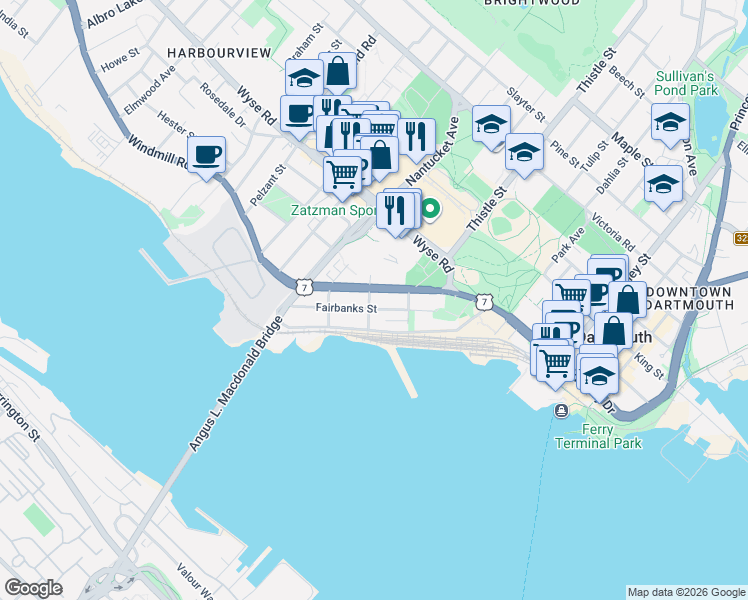 map of restaurants, bars, coffee shops, grocery stores, and more near 38 Fairbanks Street in Dartmouth