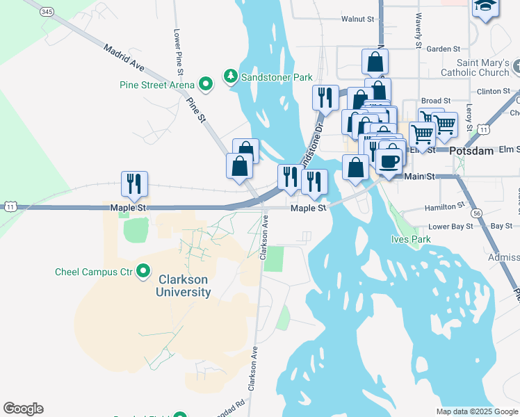 map of restaurants, bars, coffee shops, grocery stores, and more near 73 Maple Street in Potsdam