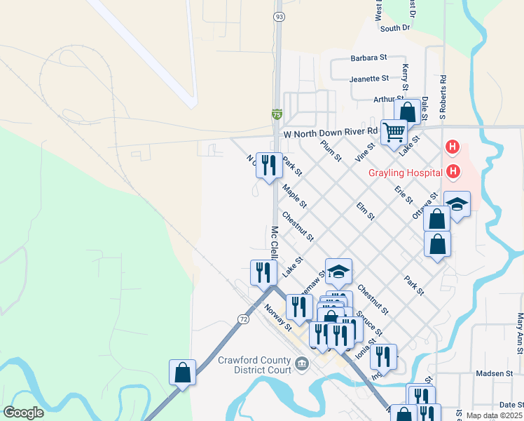 map of restaurants, bars, coffee shops, grocery stores, and more near 1232 Interstate 75 Business Loop in Grayling