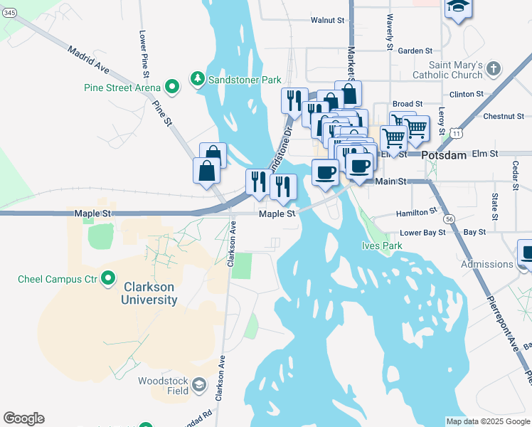 map of restaurants, bars, coffee shops, grocery stores, and more near 38 Maple Street in Potsdam