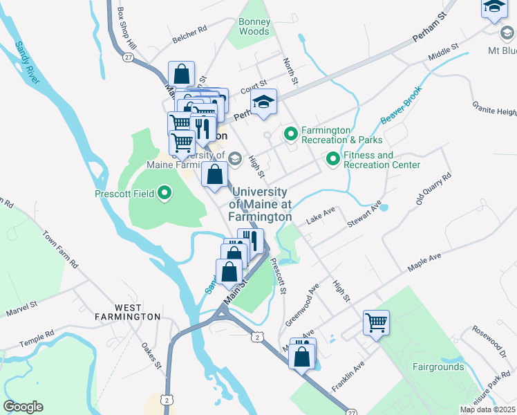 map of restaurants, bars, coffee shops, grocery stores, and more near 111 South Street in Farmington