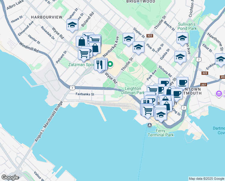 map of restaurants, bars, coffee shops, grocery stores, and more near 45 Windmill Road in Dartmouth