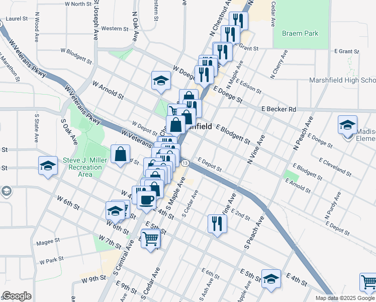 map of restaurants, bars, coffee shops, grocery stores, and more near 101 North Central Avenue in Marshfield