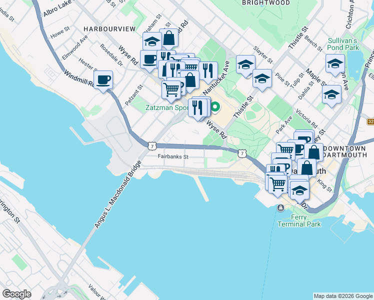 map of restaurants, bars, coffee shops, grocery stores, and more near 38 Fairbanks Street in Dartmouth