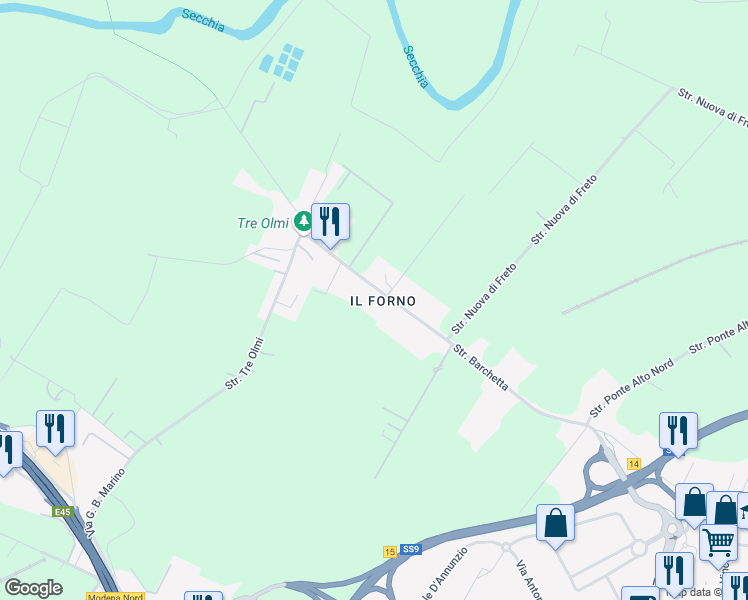 map of restaurants, bars, coffee shops, grocery stores, and more near 393 Strada Barchetta in Modena