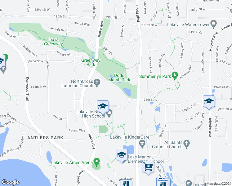map of restaurants, bars, coffee shops, grocery stores, and more near 195th Street West in Lakeville