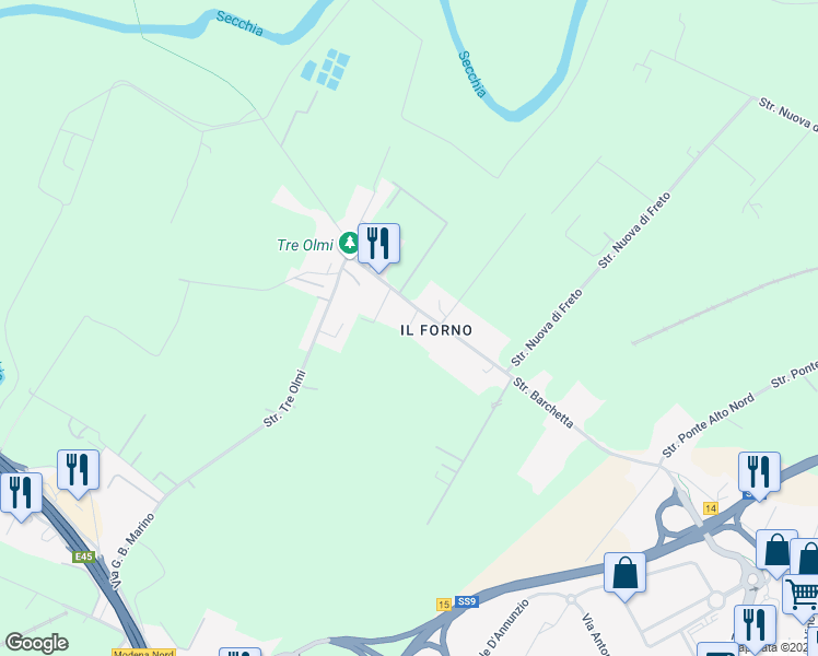 map of restaurants, bars, coffee shops, grocery stores, and more near 393 Strada Barchetta in Modena