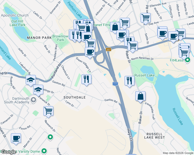 map of restaurants, bars, coffee shops, grocery stores, and more near 136 Green Village Lane in Dartmouth