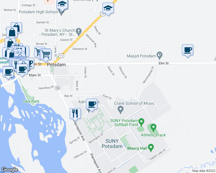 map of restaurants, bars, coffee shops, grocery stores, and more near Main Street in Potsdam