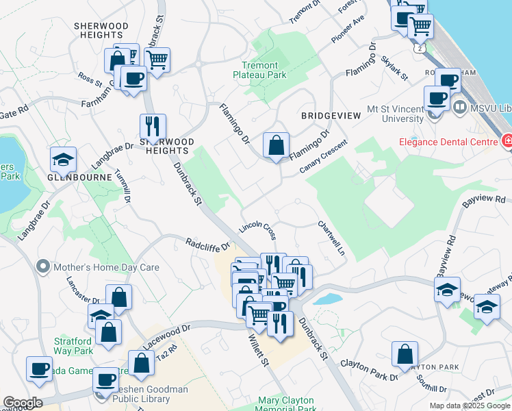 map of restaurants, bars, coffee shops, grocery stores, and more near 36 Meadowlark Crescent in Halifax