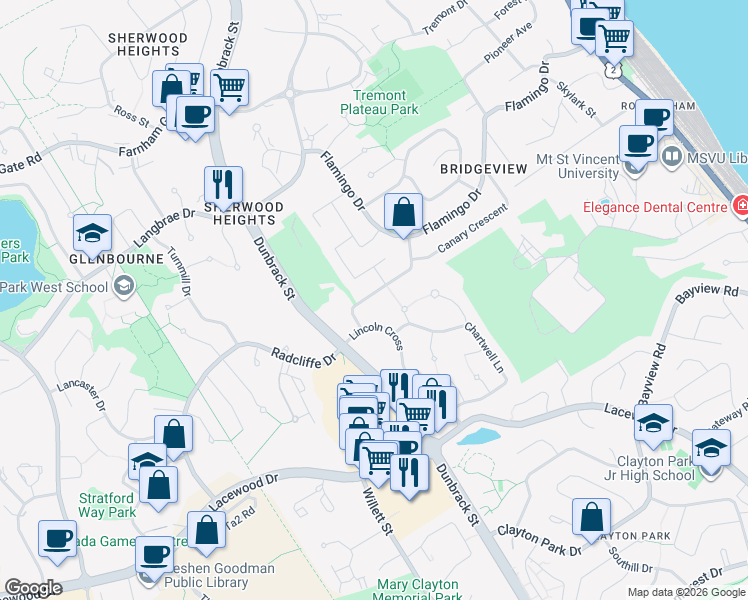 map of restaurants, bars, coffee shops, grocery stores, and more near 36 Meadowlark Crescent in Halifax