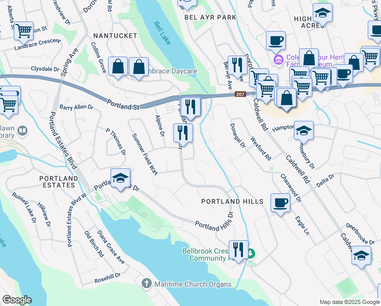 map of restaurants, bars, coffee shops, grocery stores, and more near 38 Whitehall Crescent in Dartmouth