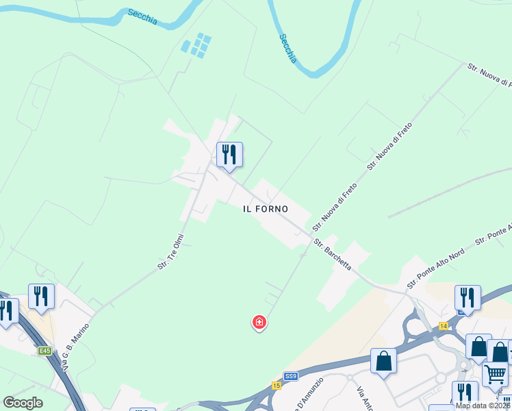 map of restaurants, bars, coffee shops, grocery stores, and more near 393 Strada Barchetta in Modena