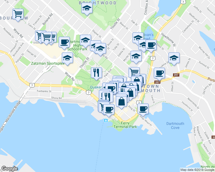 map of restaurants, bars, coffee shops, grocery stores, and more near 102 King Street in Dartmouth